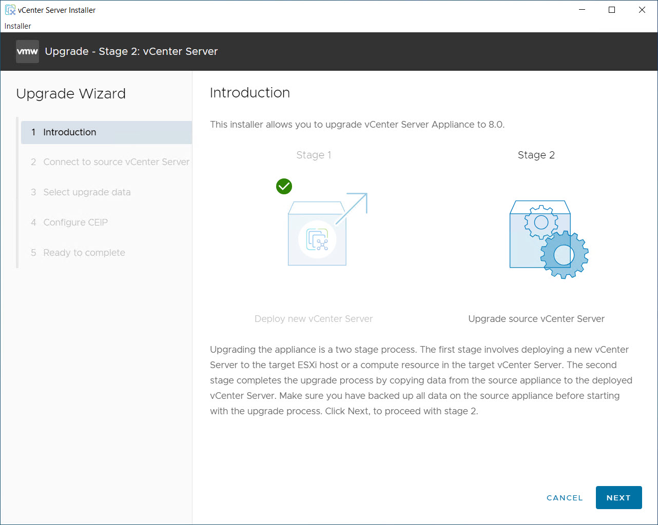 vCenter Mettre à niveau Stage2 - Commencer