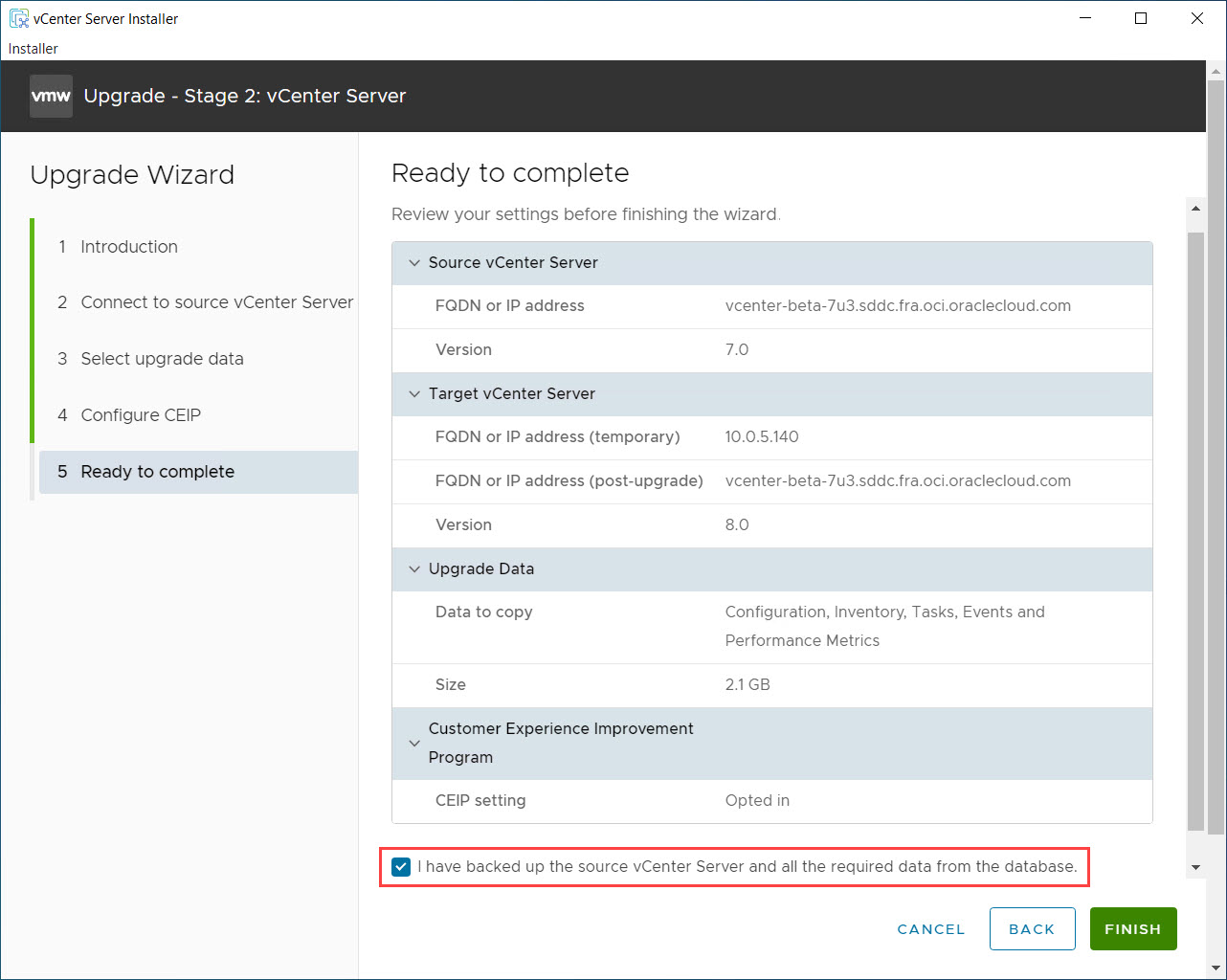 vCenter Mettre à niveau Stage2 : vérifier et terminer