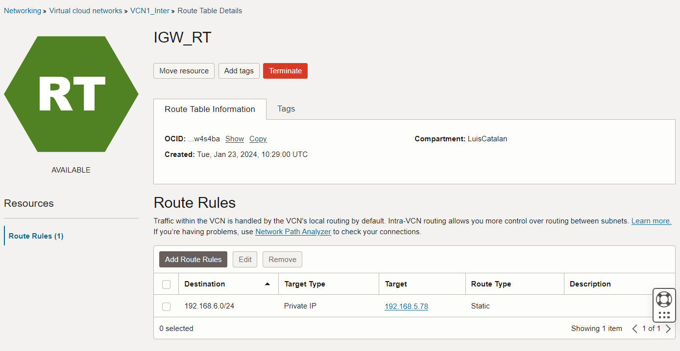 Table de routage GW Internet