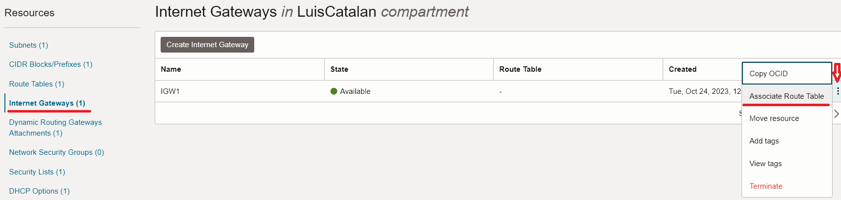Table de routage GW Internet
