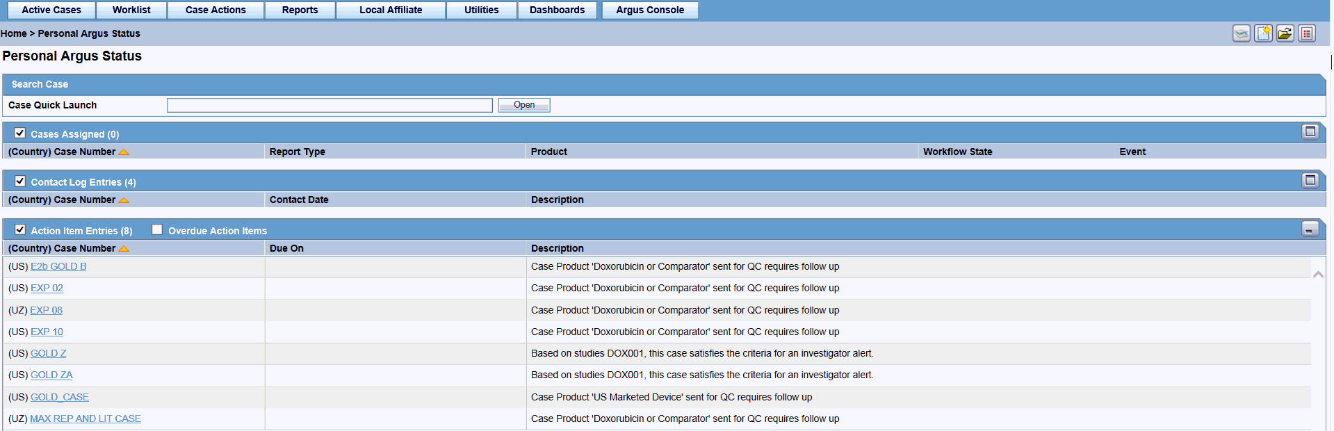 Screen capture showing the Personal Argus Status page