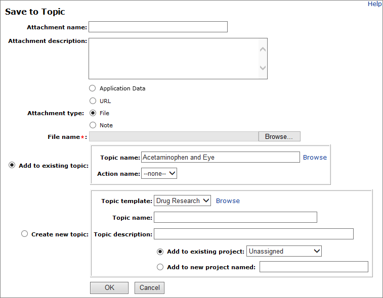 Surrounding text describes Save to Topic dialog box with different attachment types.gif