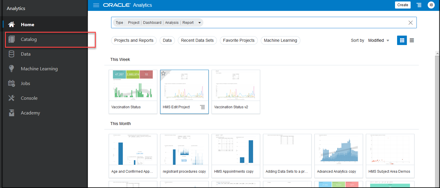 Menu principal do Oracle Analytics com opção Catálogo