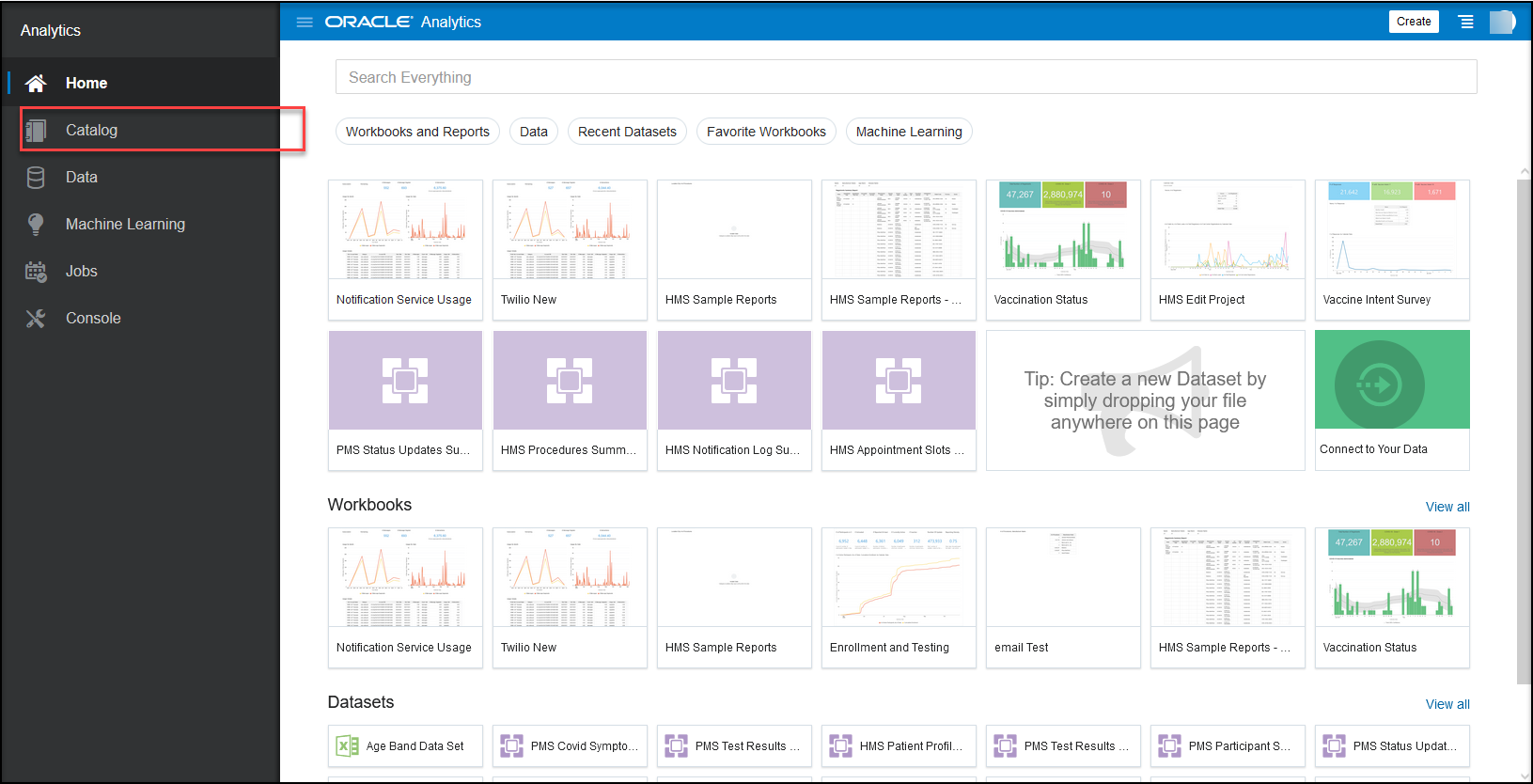 Menyja kryesore e Oracle Analytics me opsionin "Katalogu"