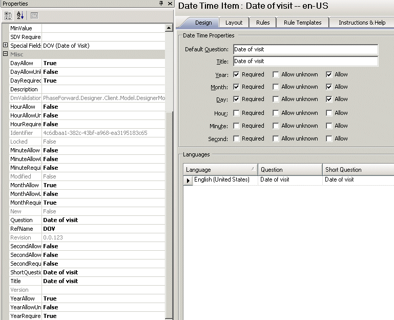 Illustration. Date controls Central Designer Properties Browser view.