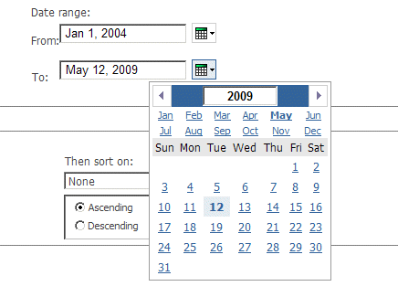 Calendar control. Select a date to populate the field.