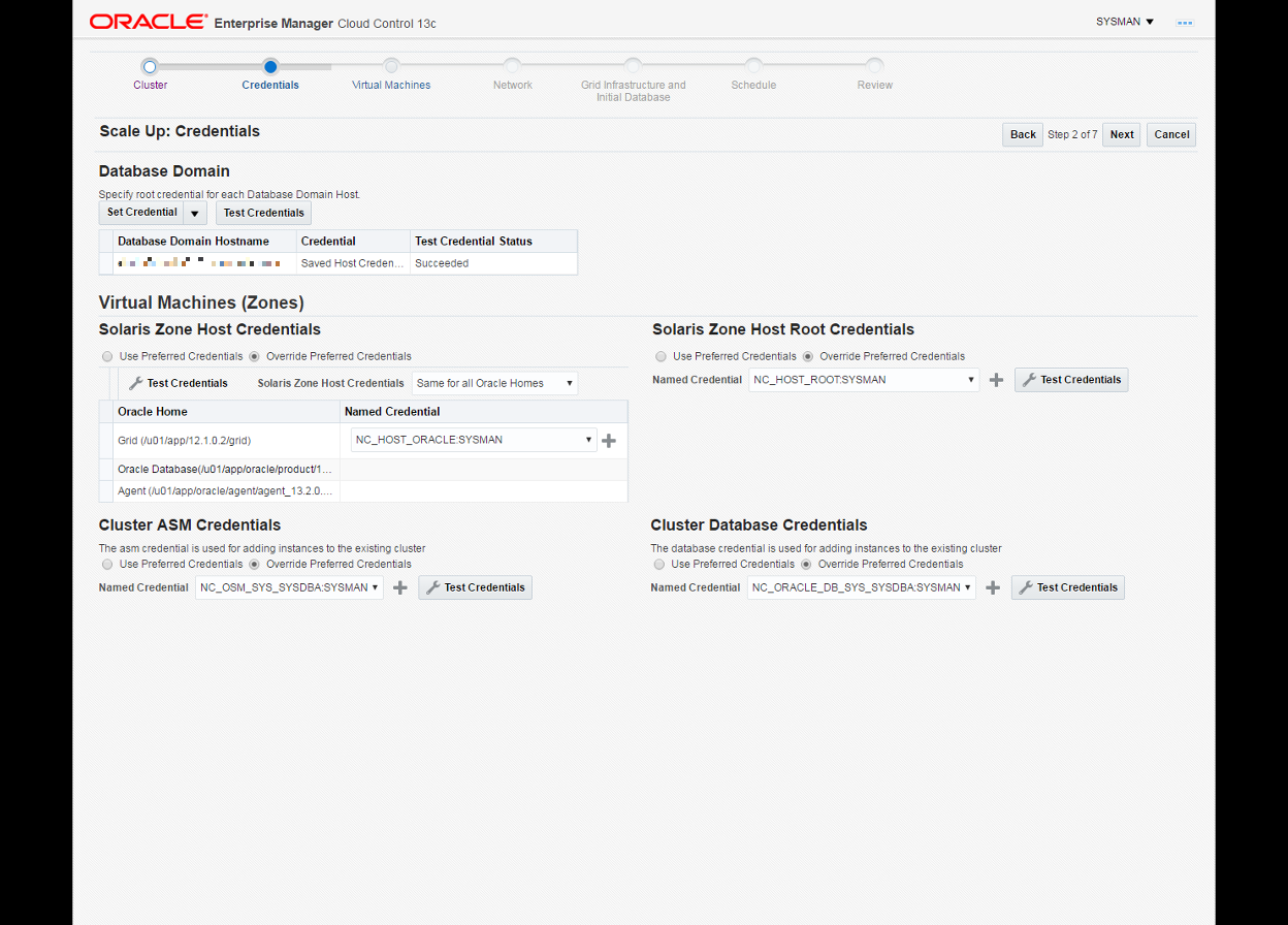This image shows what root credential was specified for each database domain host and any zone credentials that are required. This image shows what root credential was specified for each database domain host and any zone credentials that are required.