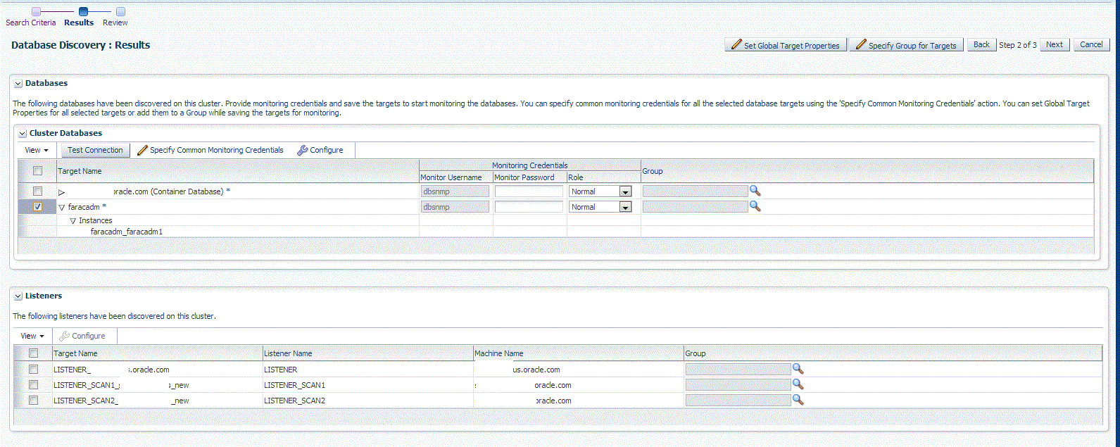 Cluster database discovery results page