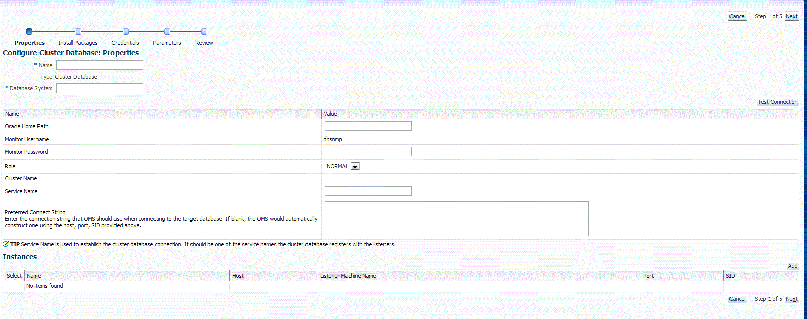 Configure Cluster Database Properties page