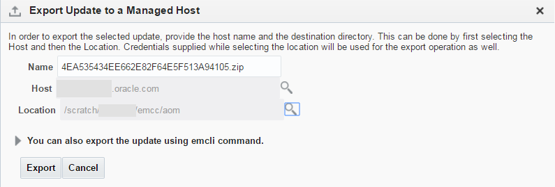 Export Update to a Managed Host dialog.