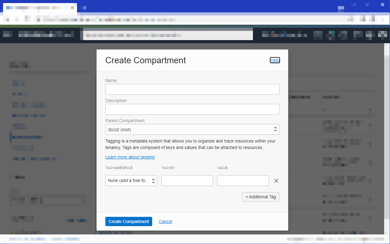 Click to expand This image shows the Create Compartment dialog, with empty Name and Description fields.