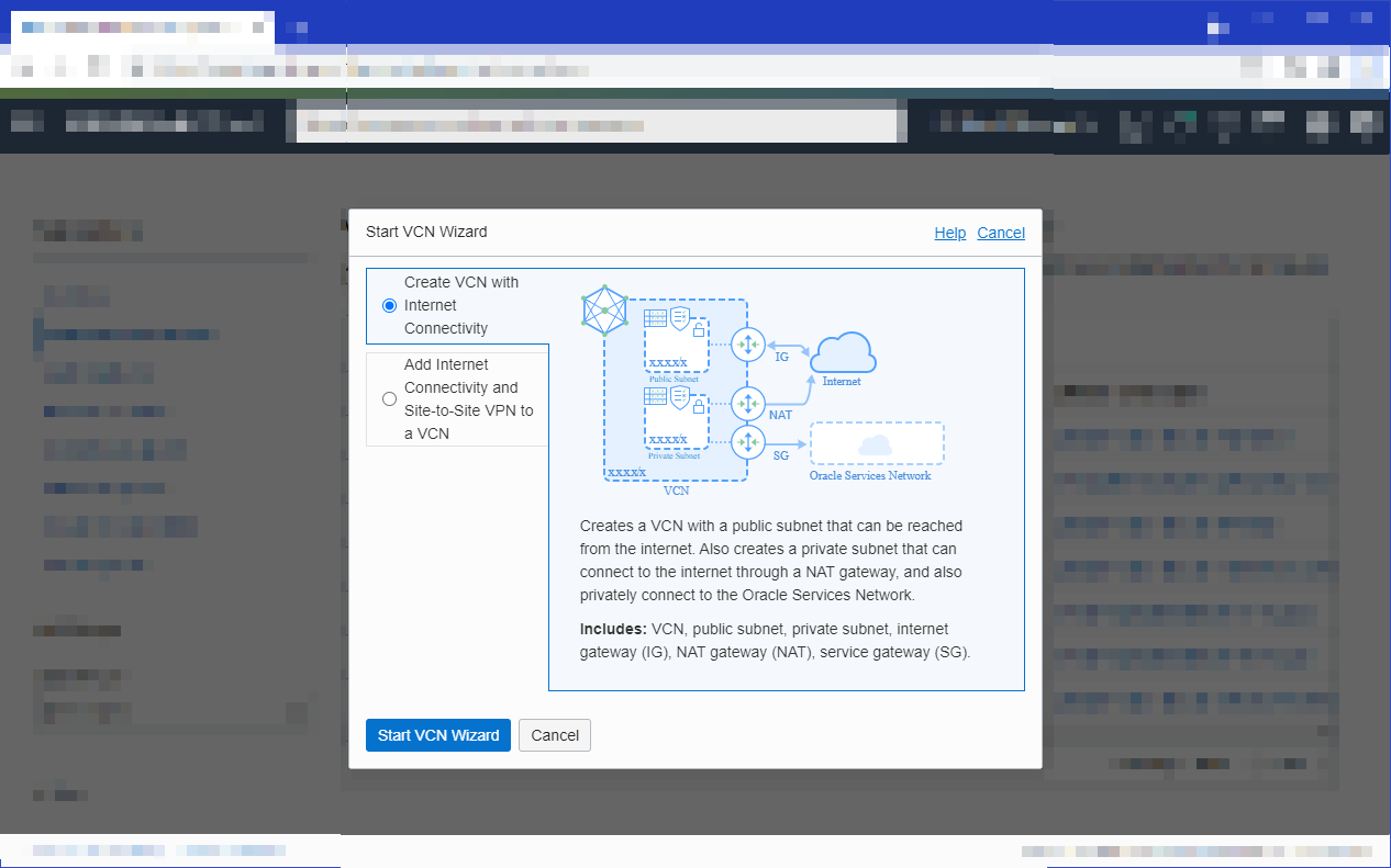 Click to expand This image shows the Start VCN Wizard dialog, with the "Create VCN with Internet Connectivity" option selected.