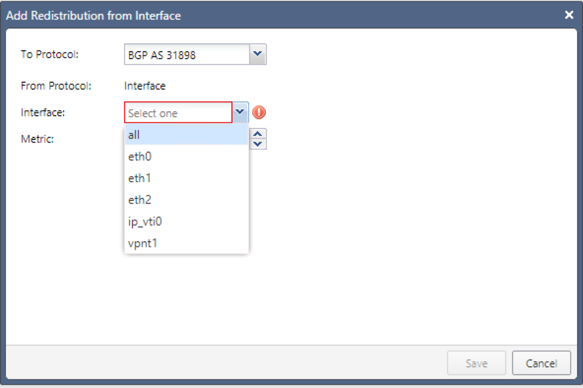 Click to expand This image shows the Add Redistribution from Interface dialog.