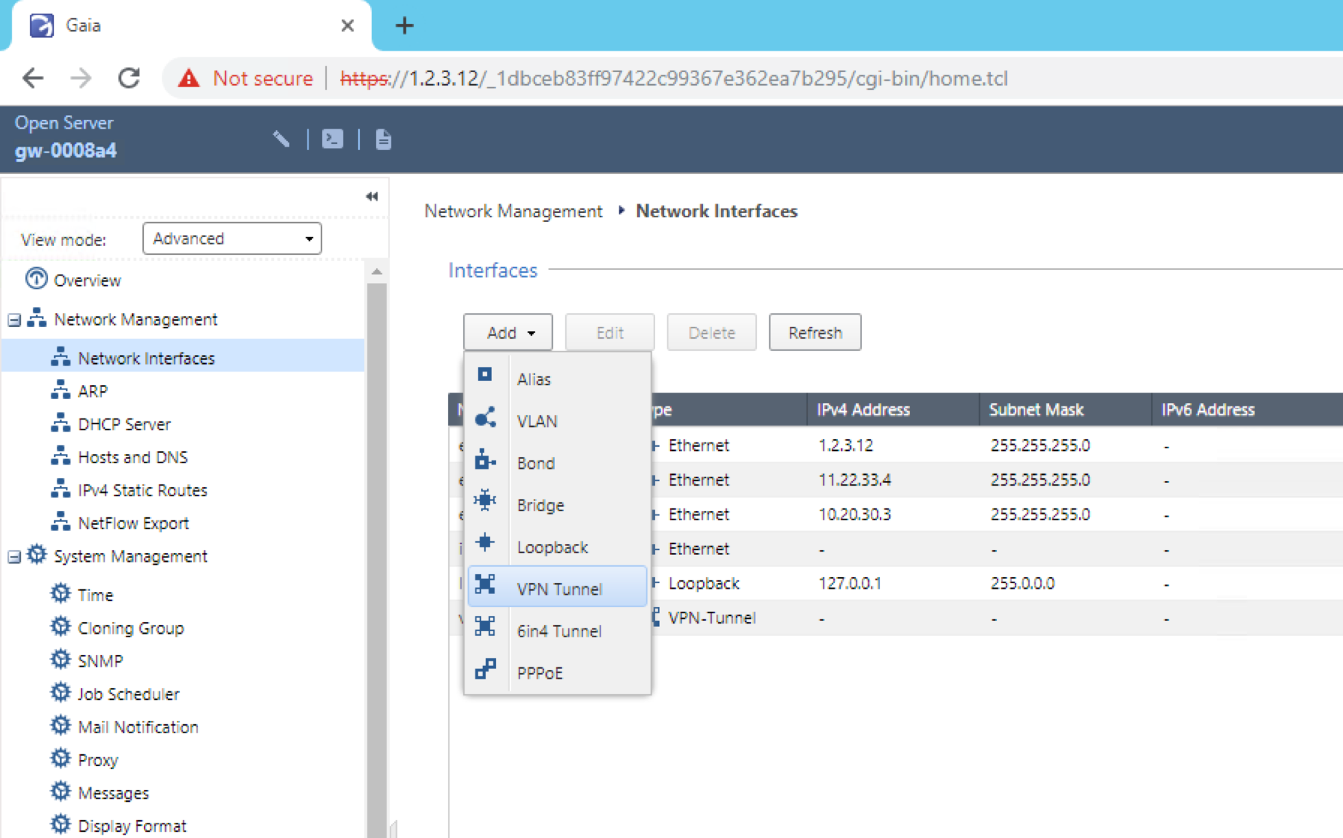 Click to expand This image shows where to add a VPN tunnel in the GAIA portal.