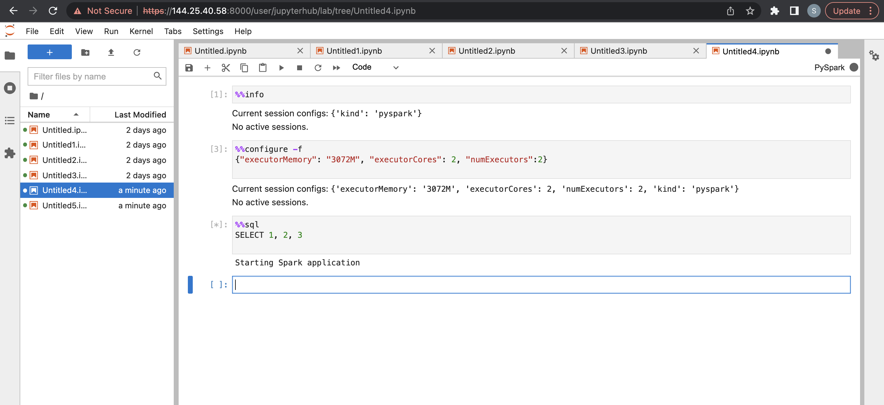 Screenshot showing sample code for Sparkmagic in Python kernel in Jupyterhub