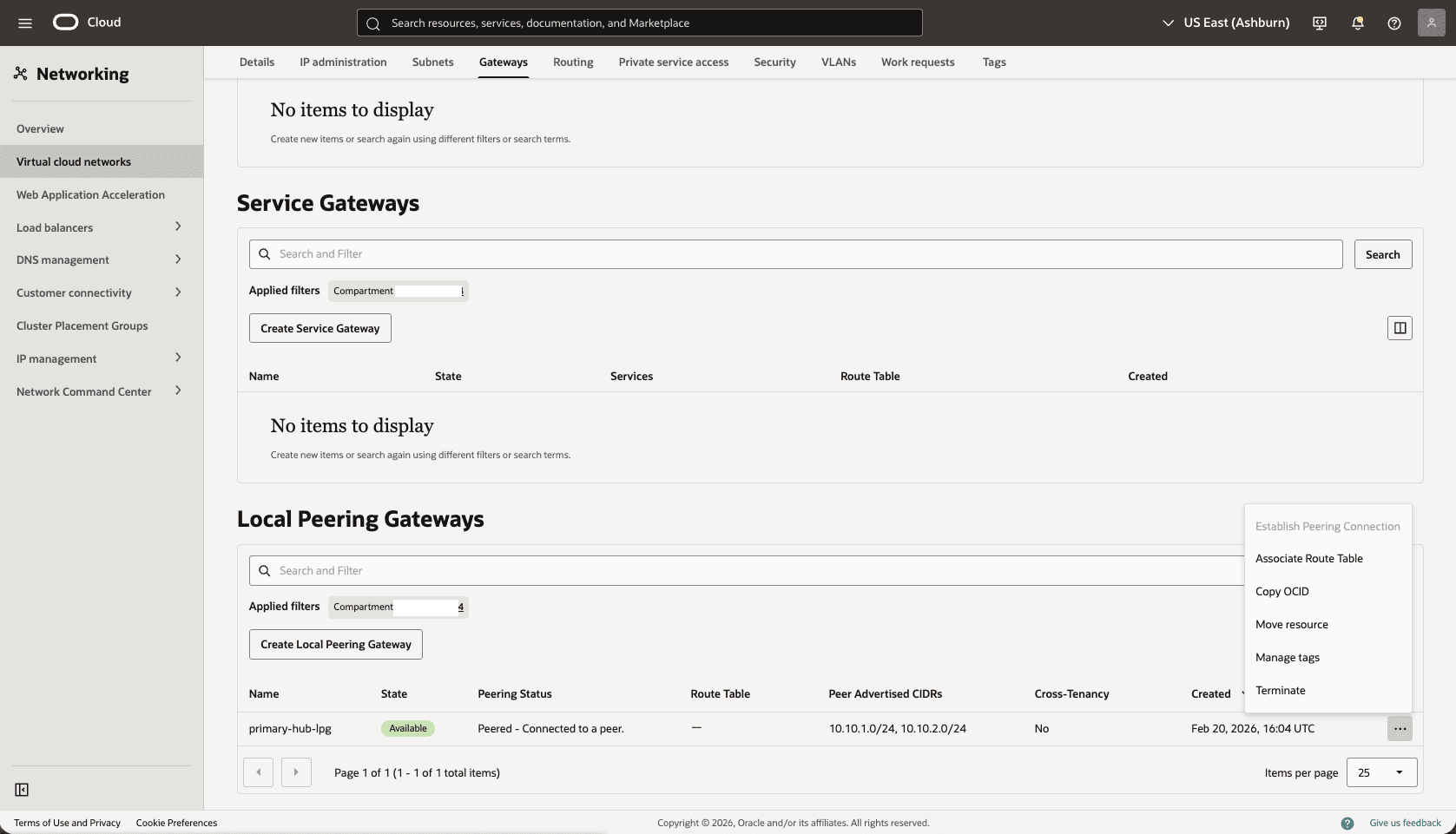 This screenshot shows how to configure the network in the primary region.