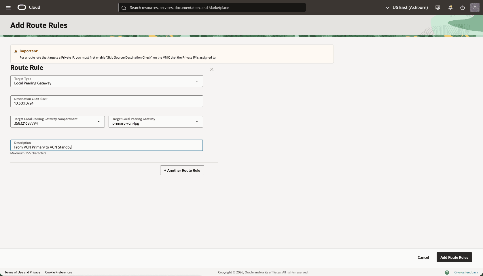 This screenshot shows how to configure the network in the primary region.