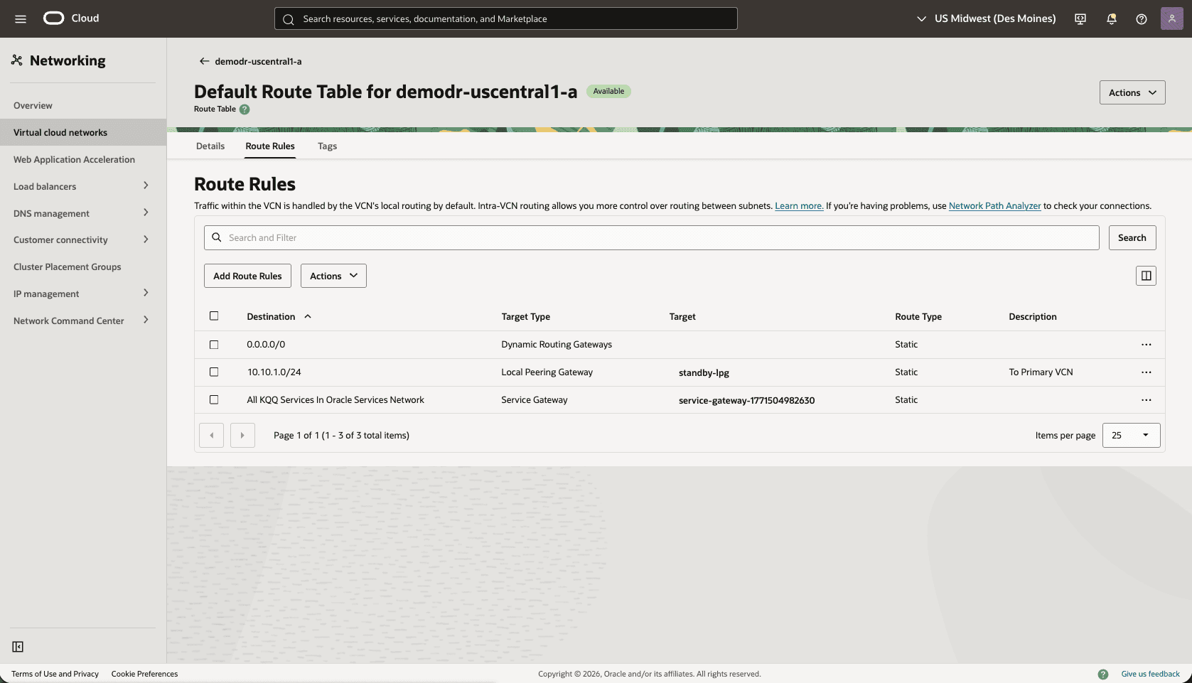 This screenshot shows how to configure the network in the standby region.