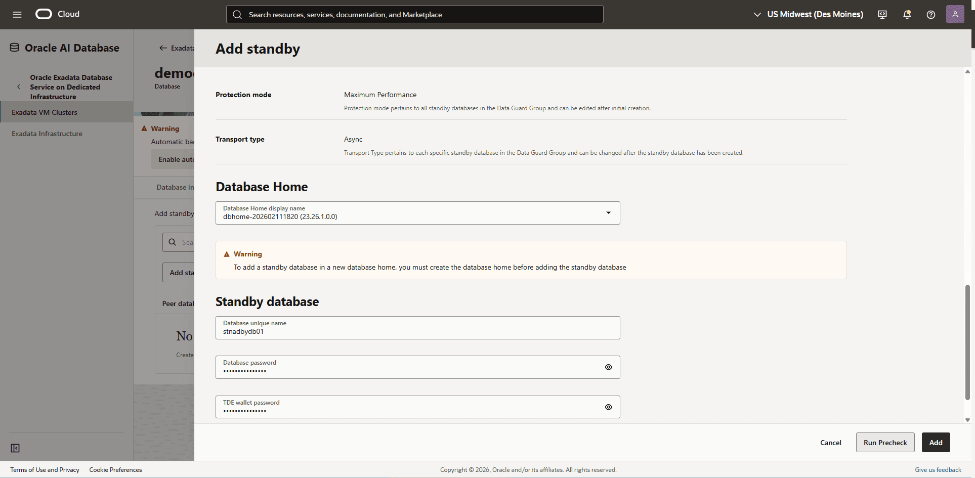 This screenshot shows how to add a standby database.