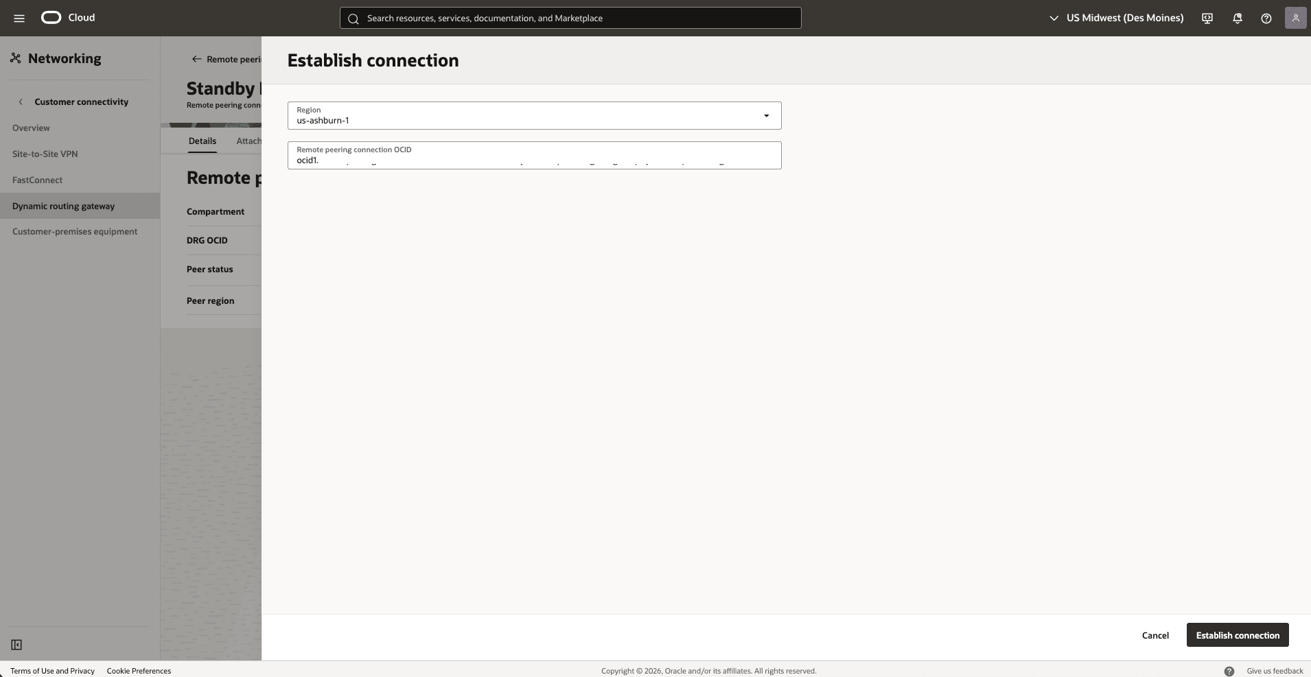 This screenshot shows how to configure the network in the standby region. This screenshot shows how to configure the network in the standby region.