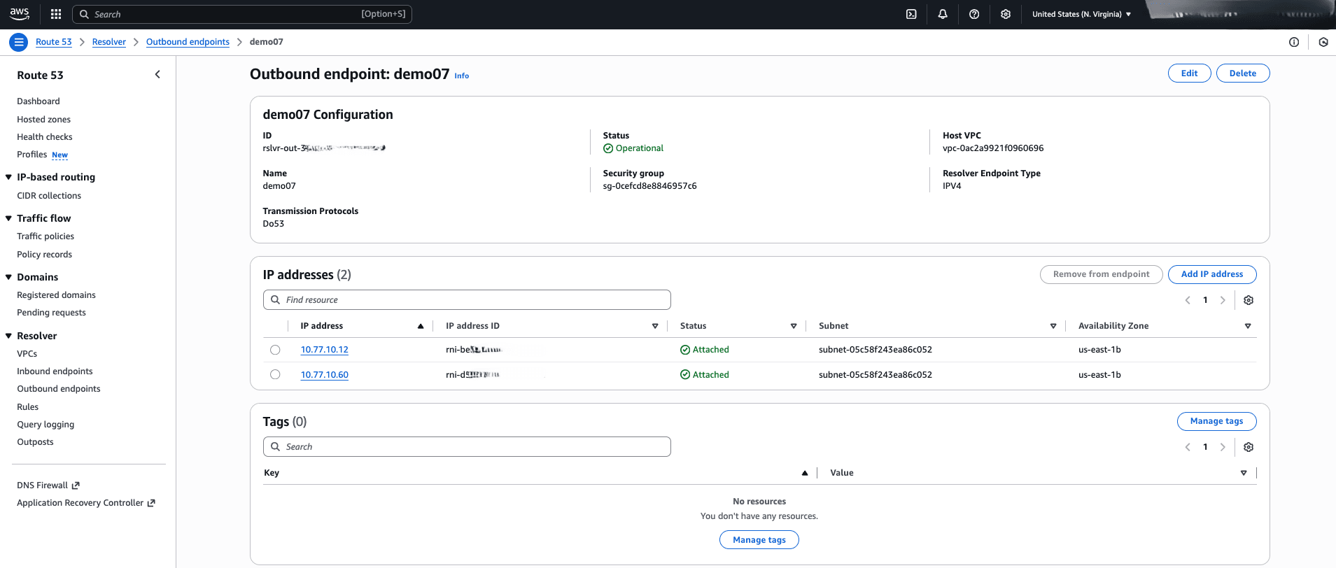 This screenshot shows the Route 53 Outbound Endpoint Configuration steps. This screenshot shows the Route 53 Outbound Endpoint Configuration steps.