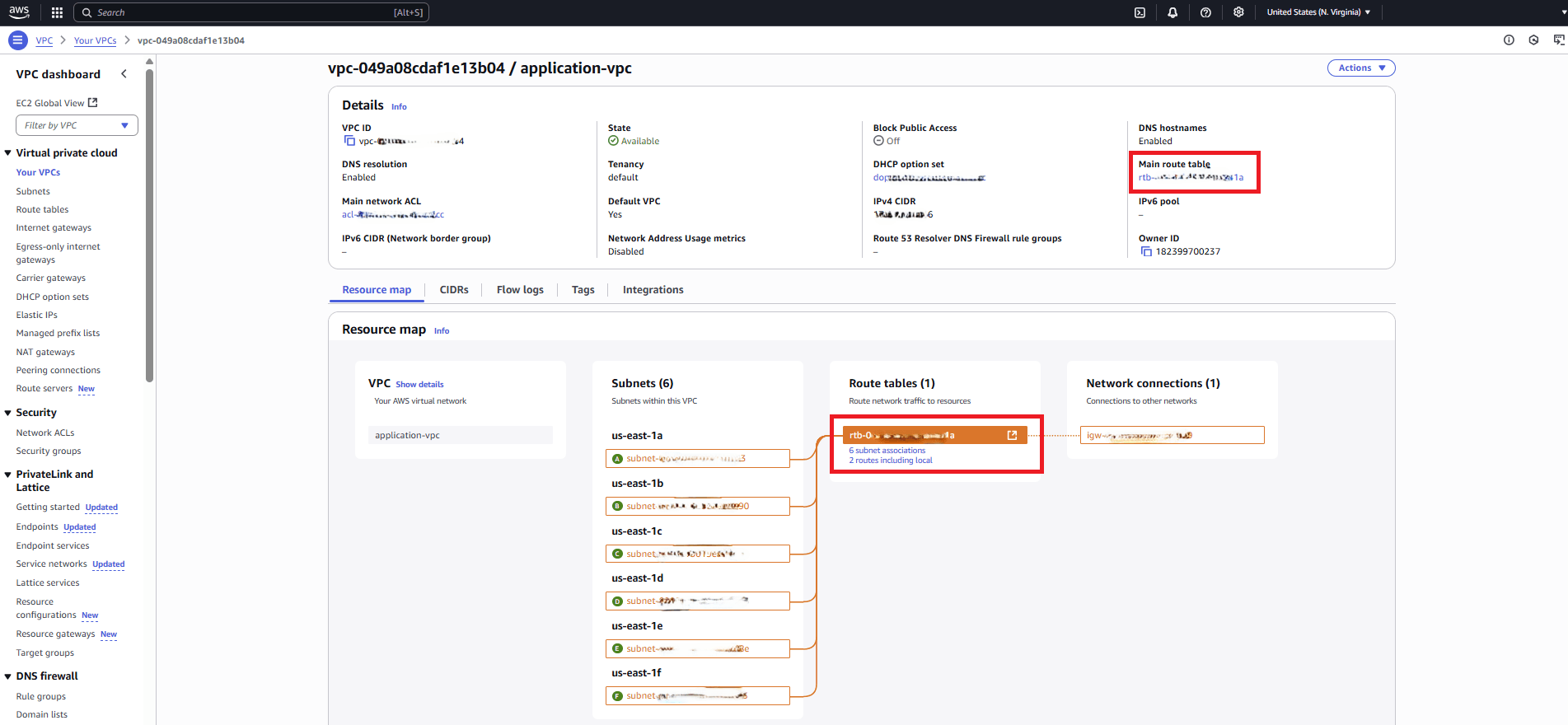 This screenshot shows the main route table. This screenshot shows the main route table.