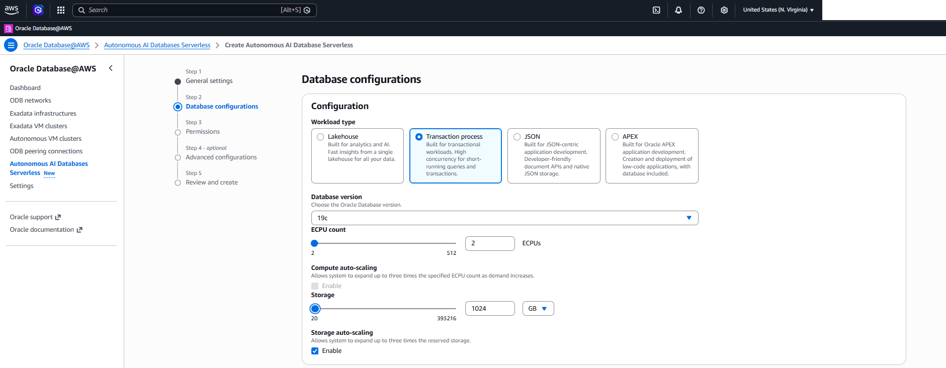 This screenshot shows how to create an Autonomous AI Database Serverless.