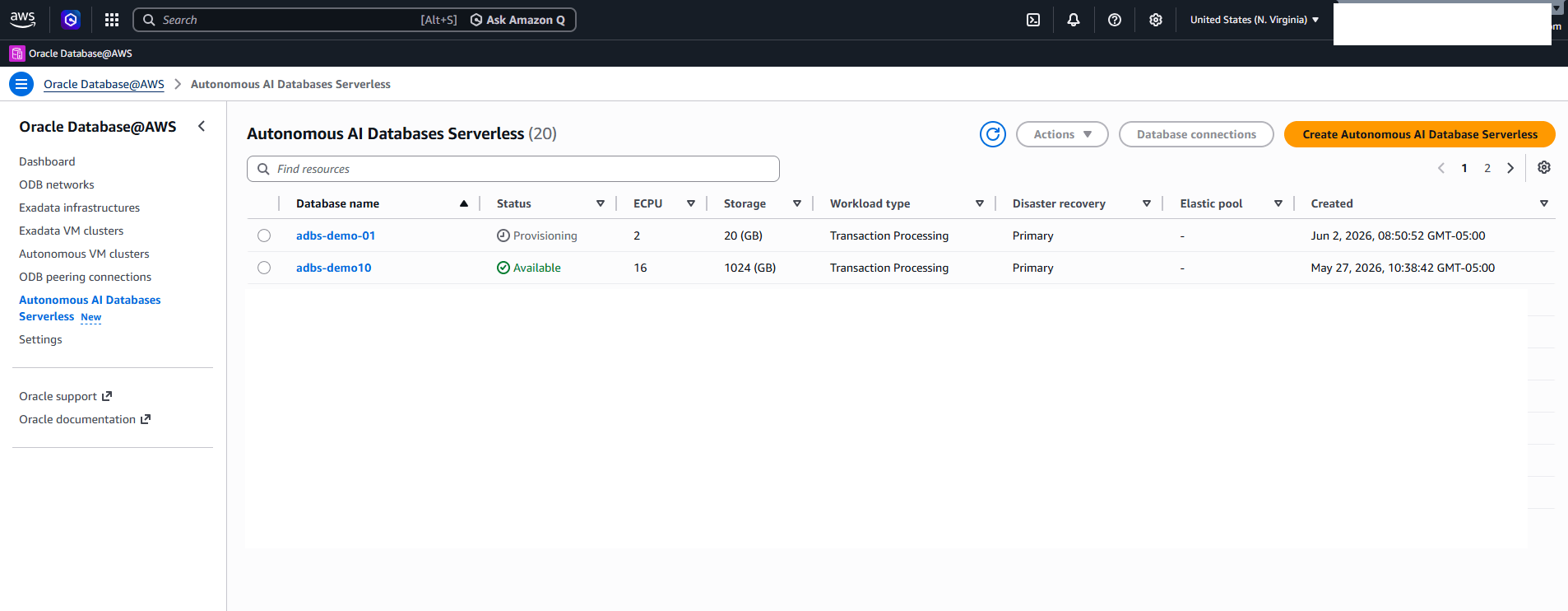 This screenshot shows how to create an Autonomous AI Database Serverless. This screenshot shows how to create an Autonomous AI Database Serverless.
