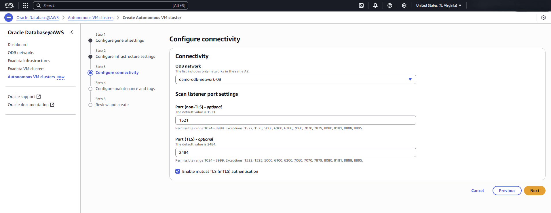 This screenshot shows the third part of creating an Autonomous VM Cluster This screenshot shows the third part of creating an Autonomous VM Cluster