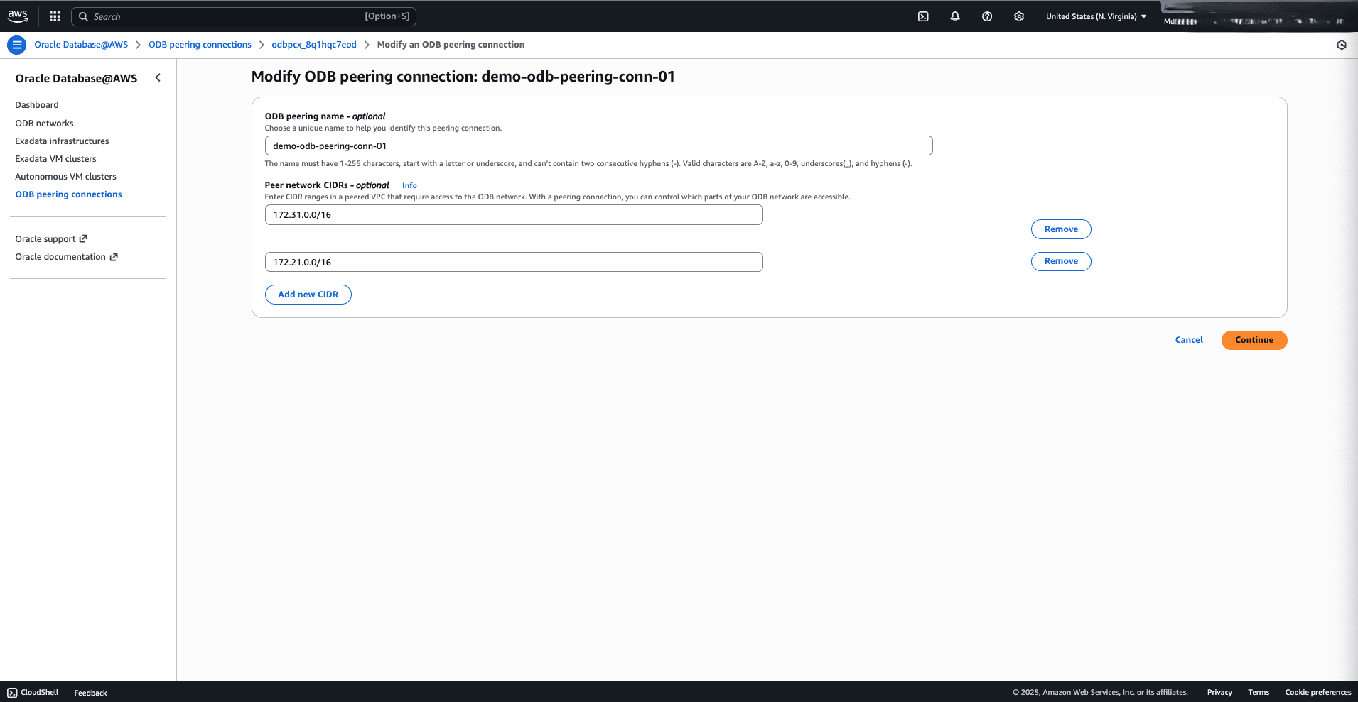 This screenshot shows how to modify an ODB peering connection. This screenshot shows how to modify an ODB peering connection.