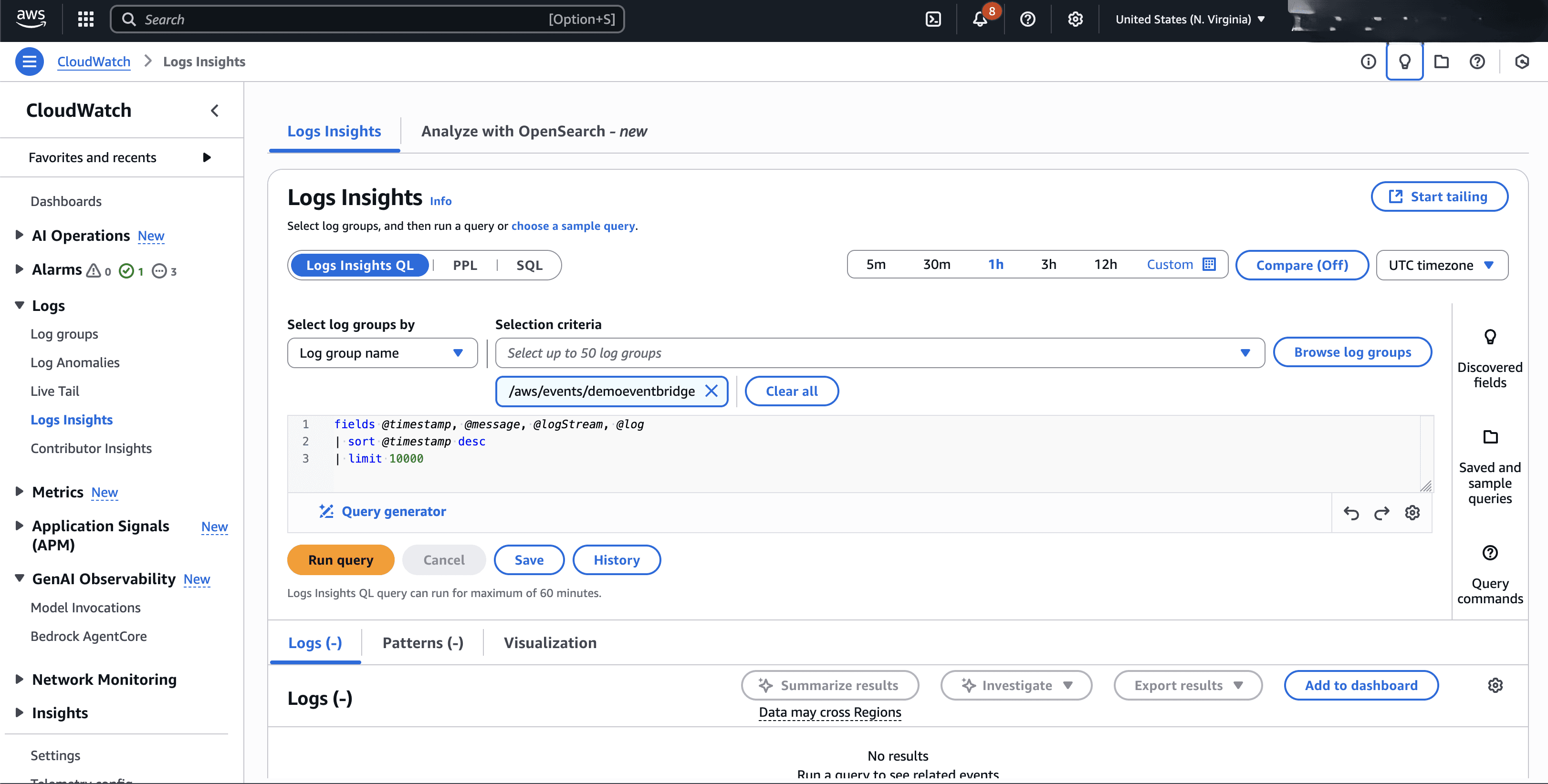 This screenshot shows how to use Log Insights for analysis.