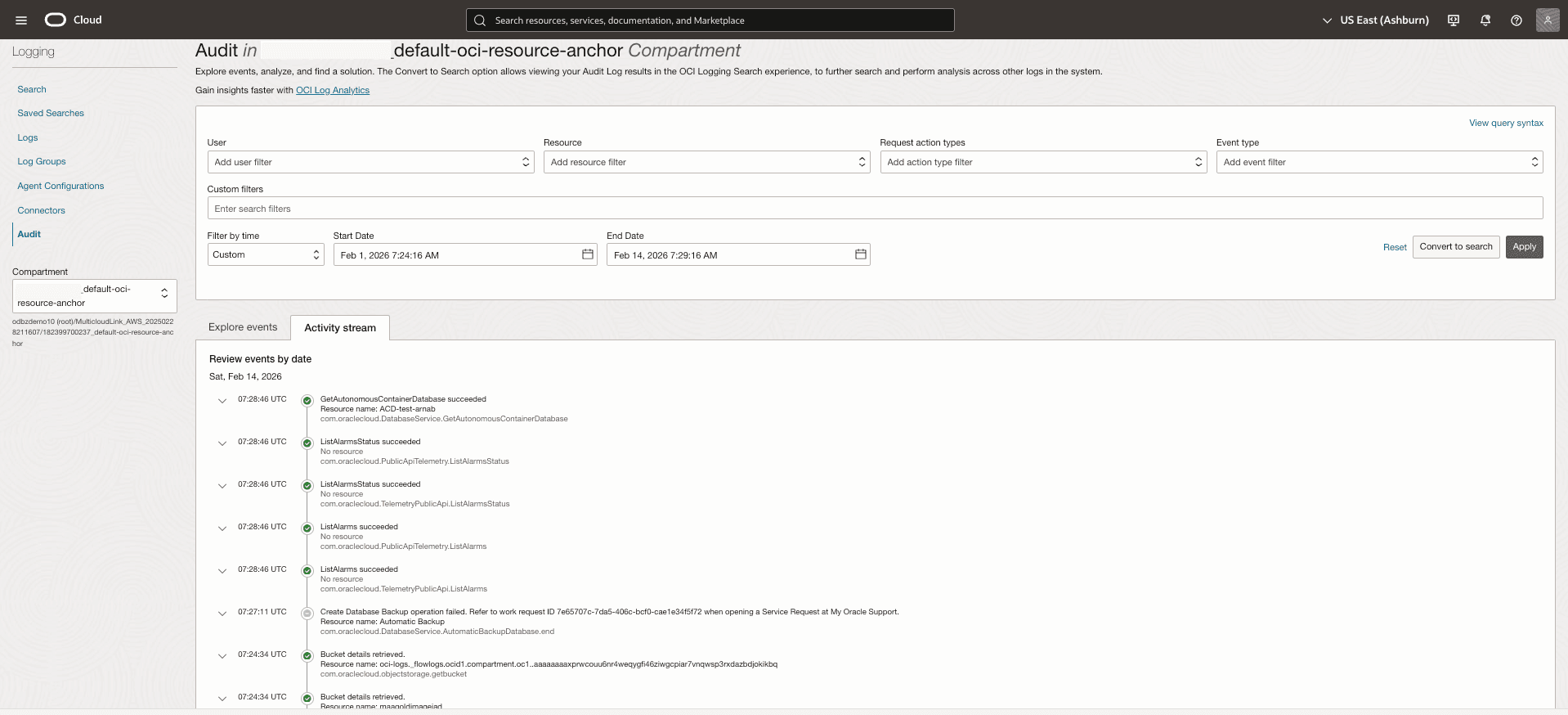 This screenshot shows how to audit activity stream.