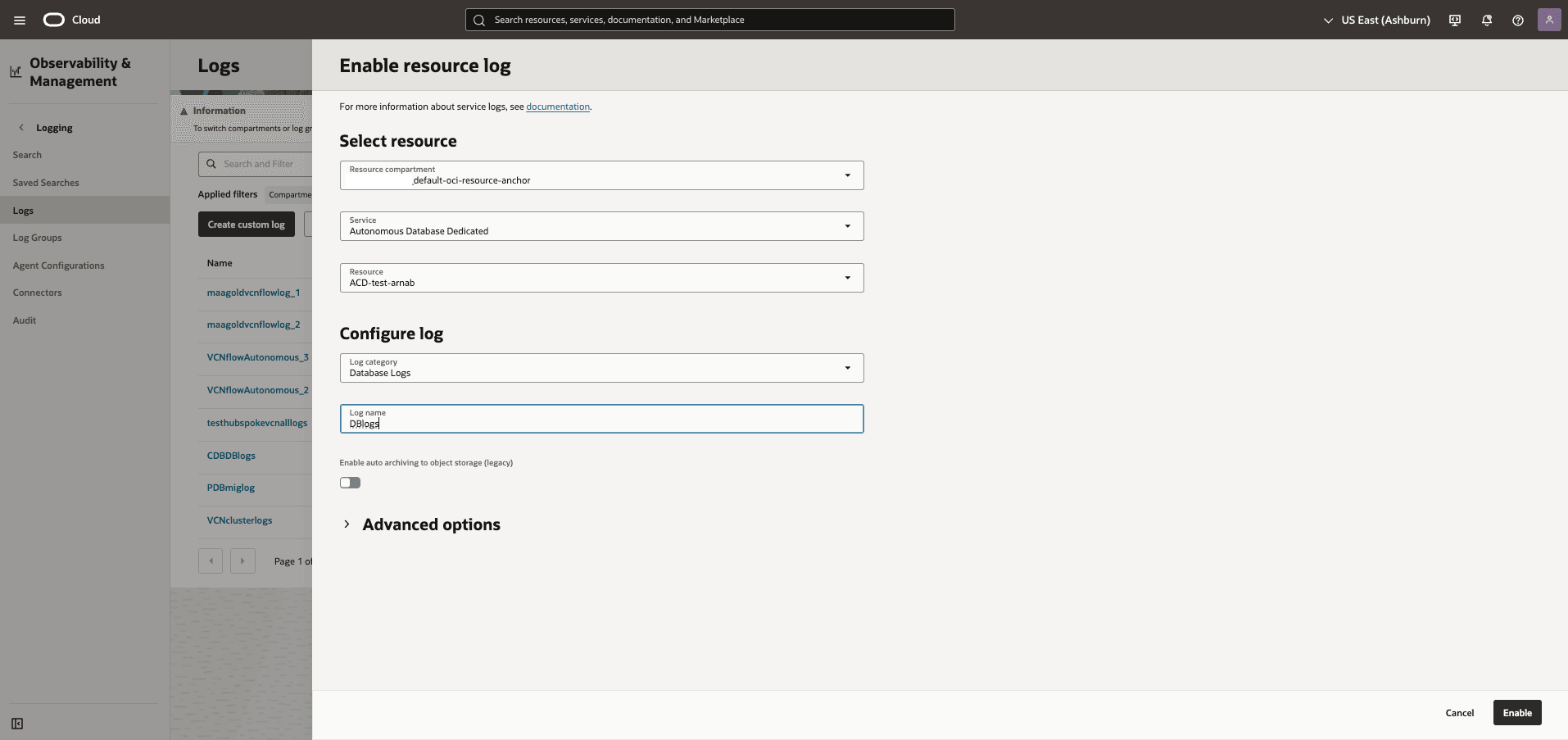 This screenshot shows how to enable resource log.
