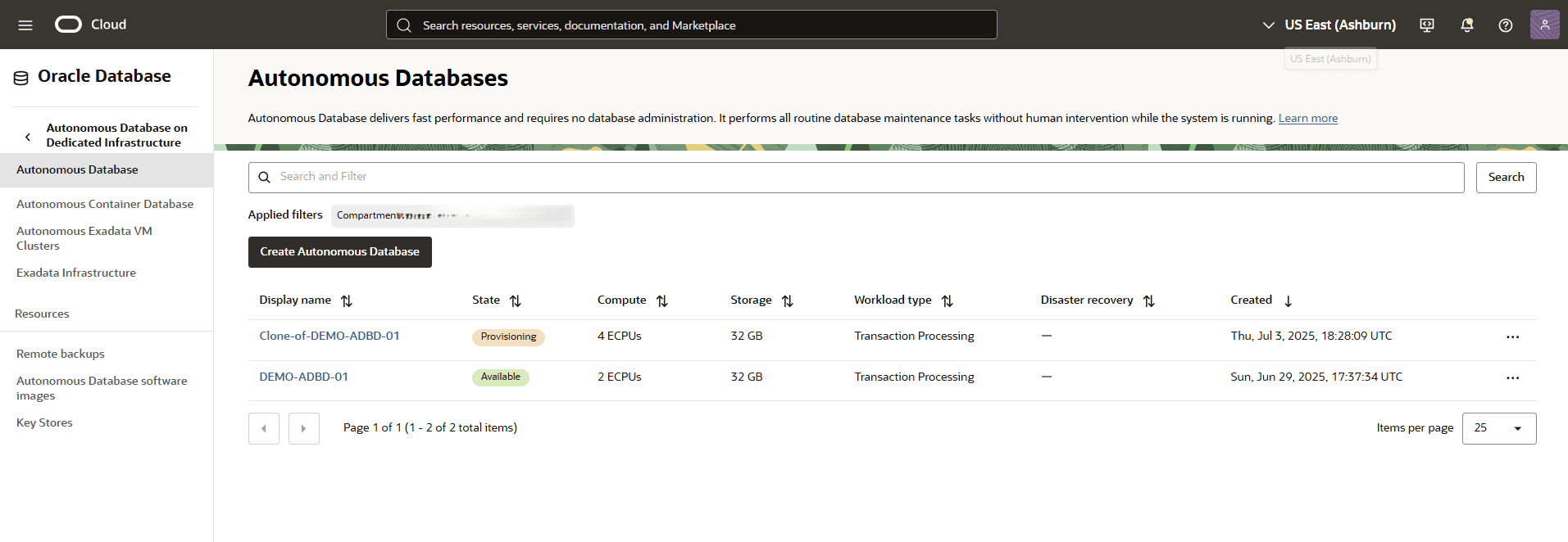This screenshot shows how to clone an Autonomous AI Database from Manual Backup