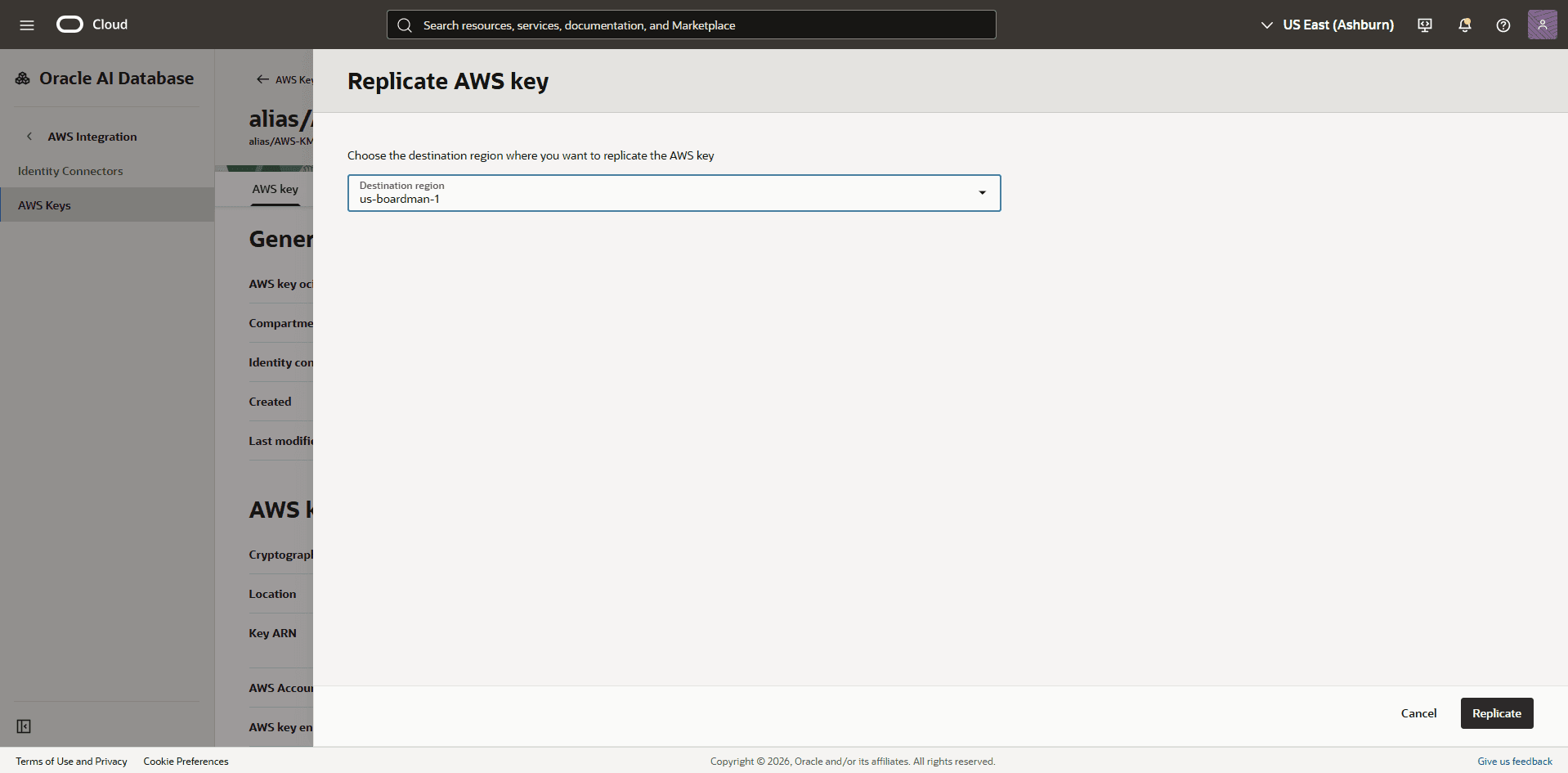 The Replicate AWS key panel with a destination region selected.