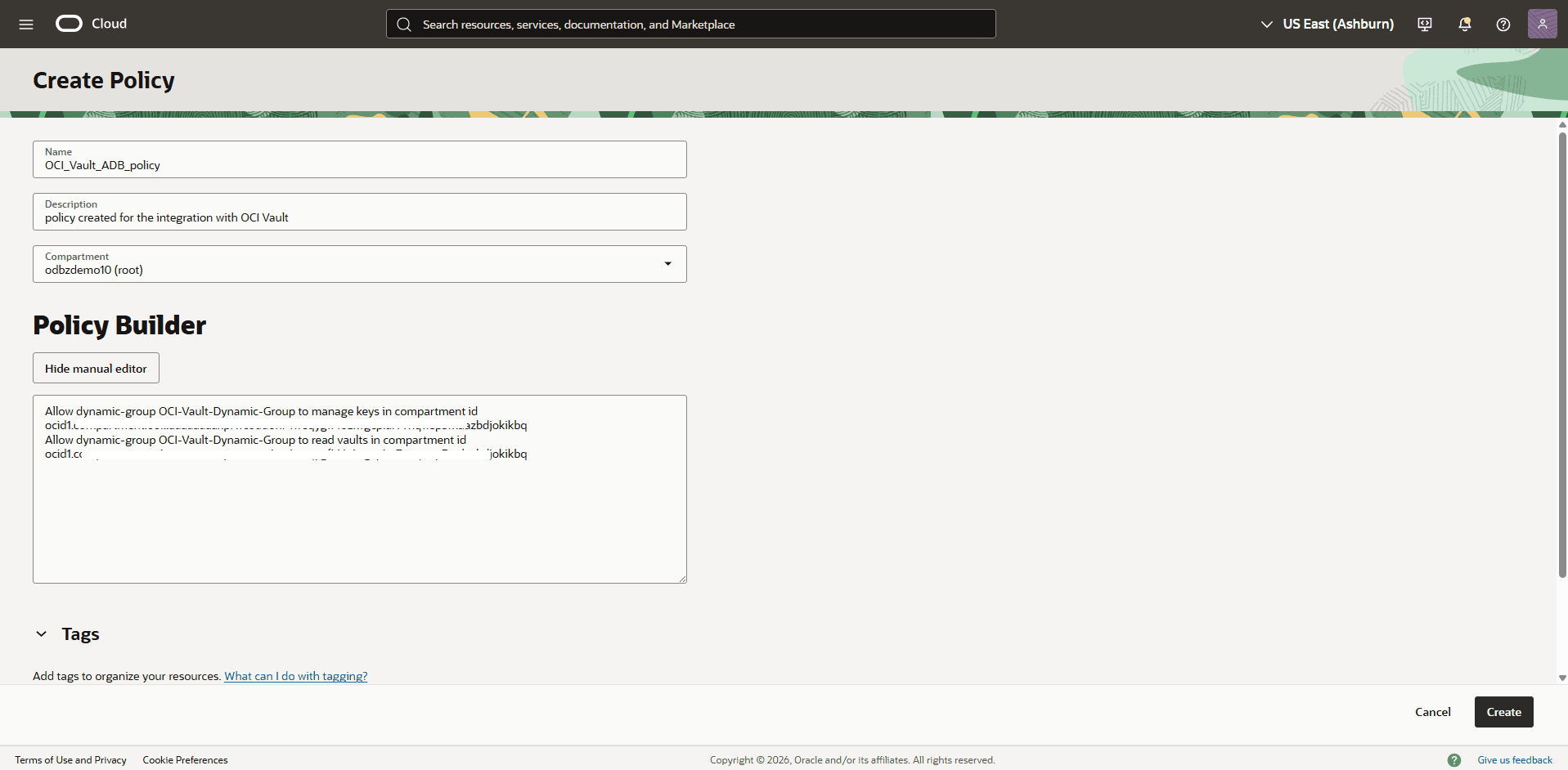 This screenshot shows how to create a policy.