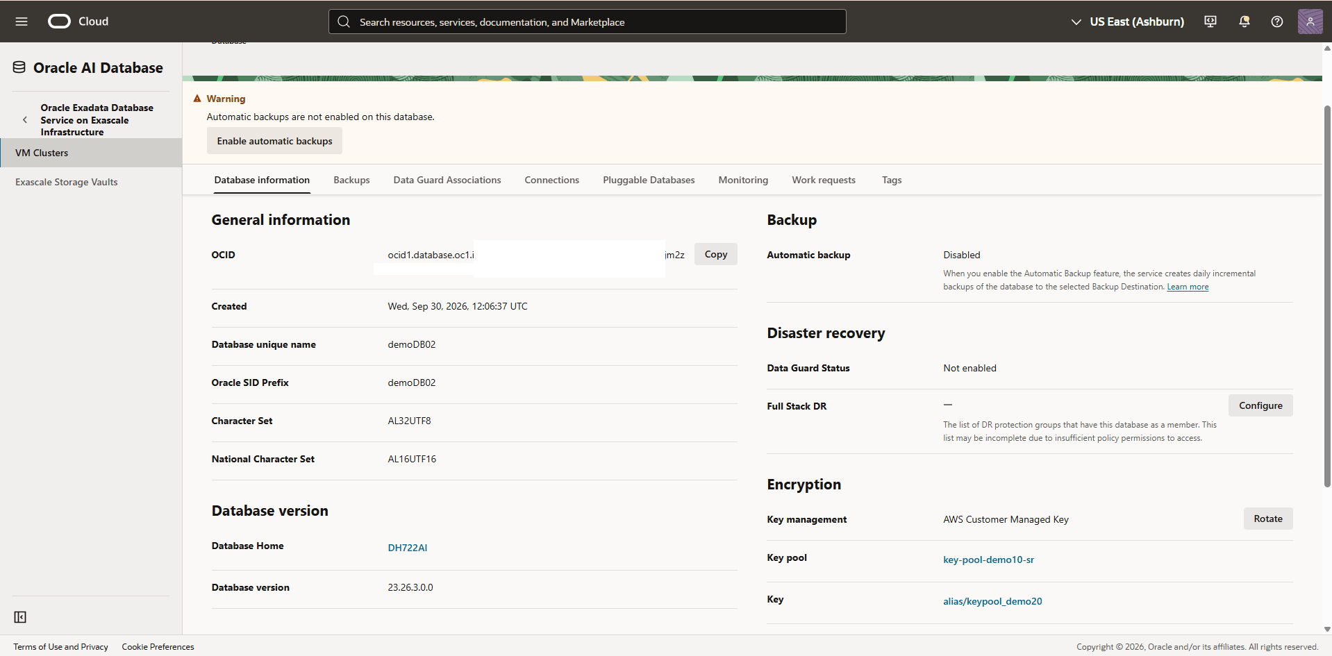 The database encryption details with the Rotate button.