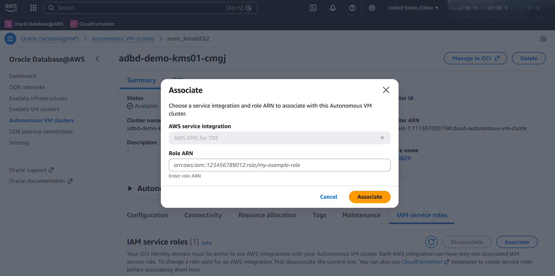 This screenshot shows how to associate an IAM Role to an Autonomous VM Cluster. This screenshot shows how to associate an IAM Role to an Autonomous VM Cluster.