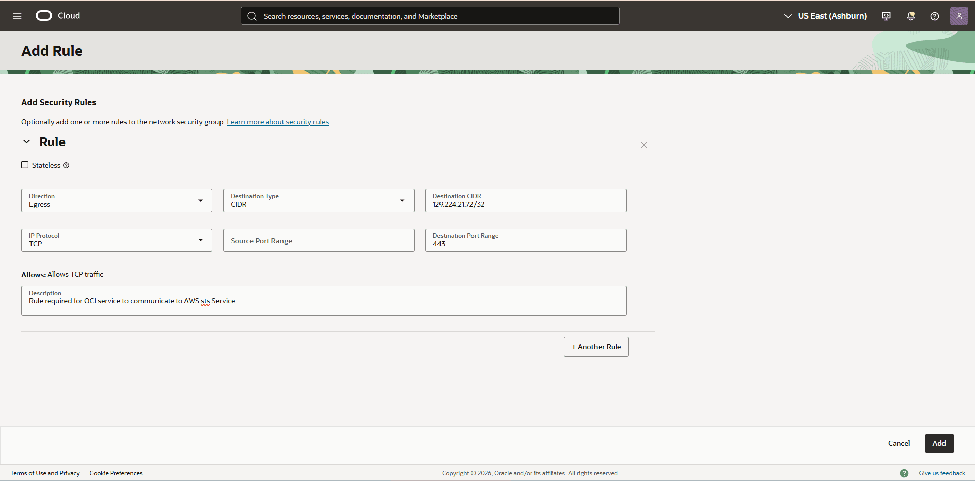 This screenshot shows how to create a security rule.