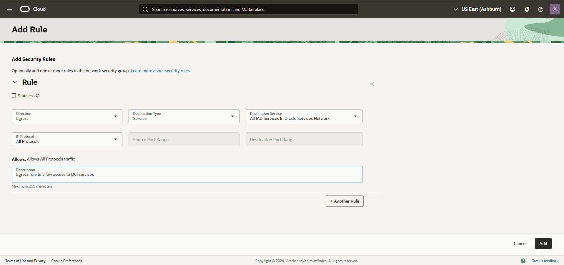 This screenshot shows how to create a security rule.