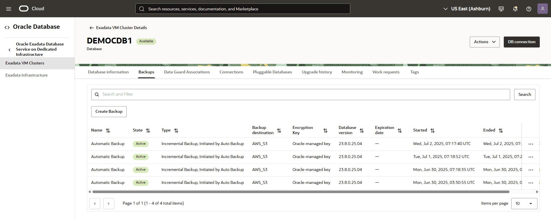 This screenshot shows the list of Automatic backups.