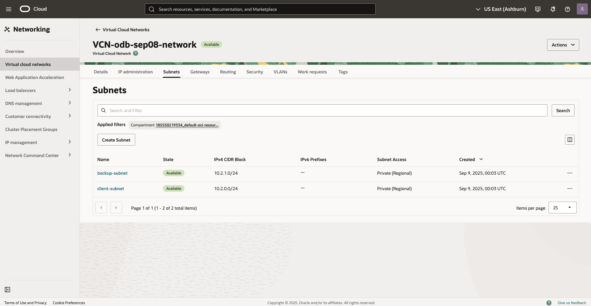 This screenshot shows the VCN details.