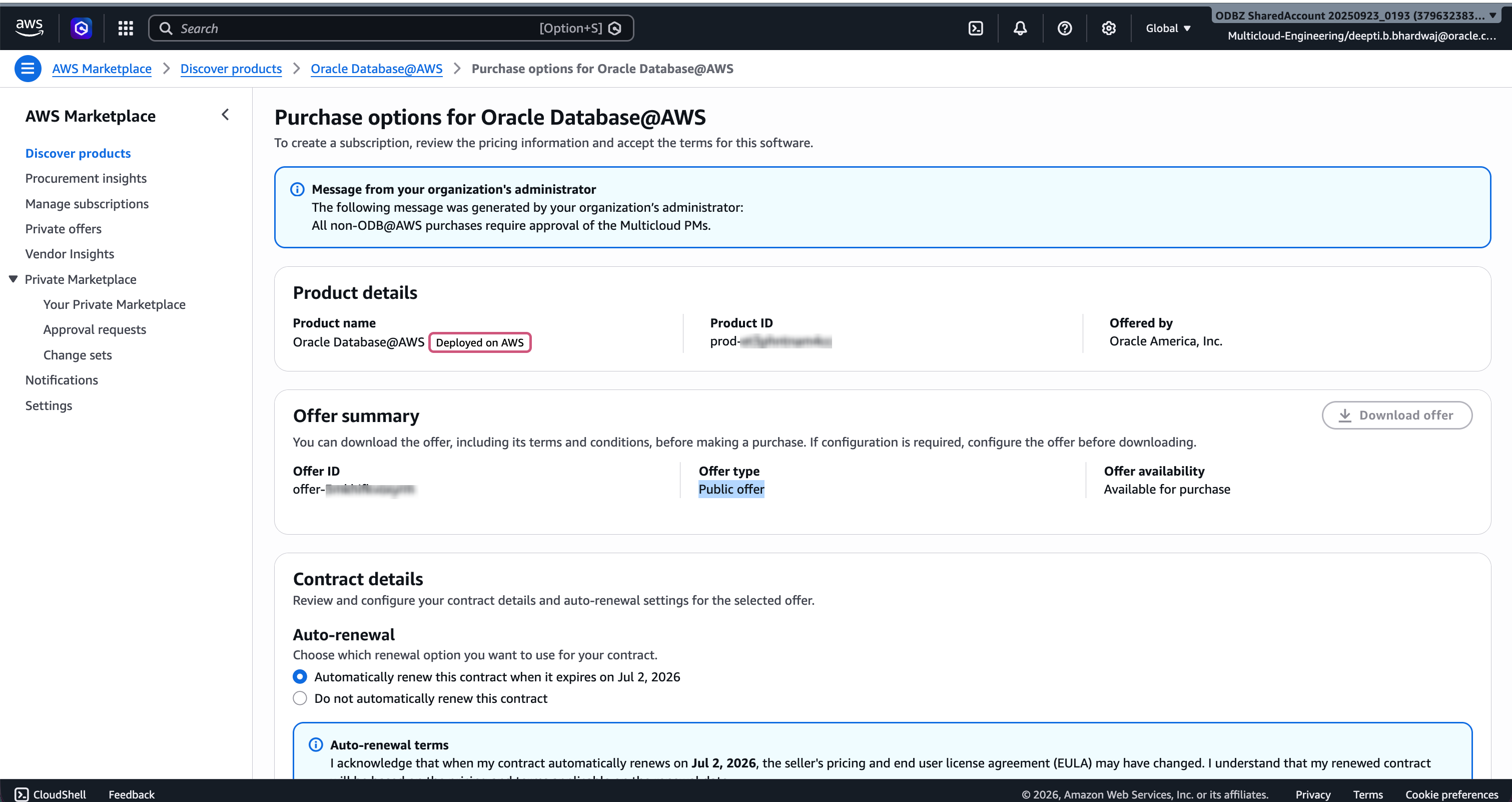 Click to expand Purchase options in AWS Marketplace: Product details, Offer summary, and Contract details