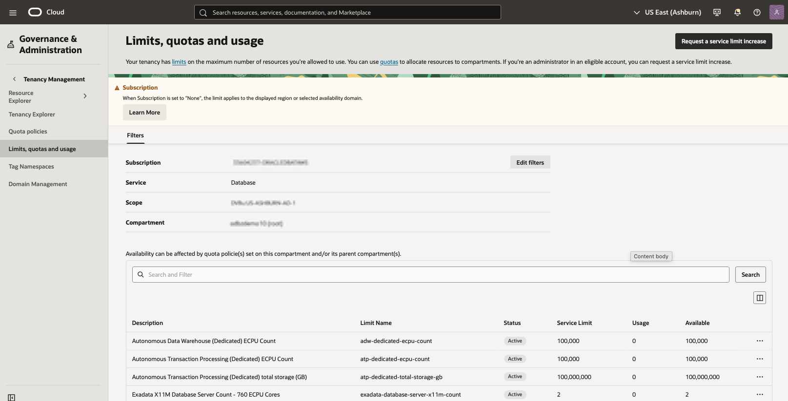 Click to expand An image of the table of resource limits in the OCI Console.