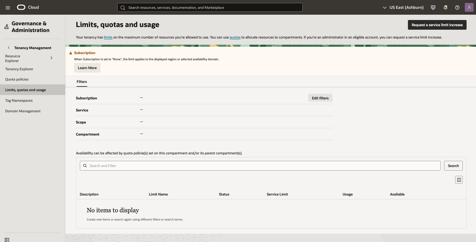 Click to expand An image of an OCI Console search for "Limits, Quotas and Usage".