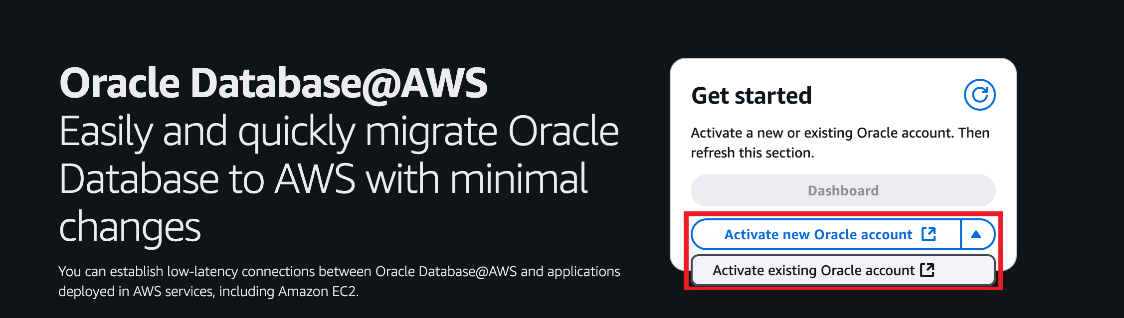 Click to expand An image of the AWS console displaying links to activate an Oracle account for Oracle AI Database@AWS.