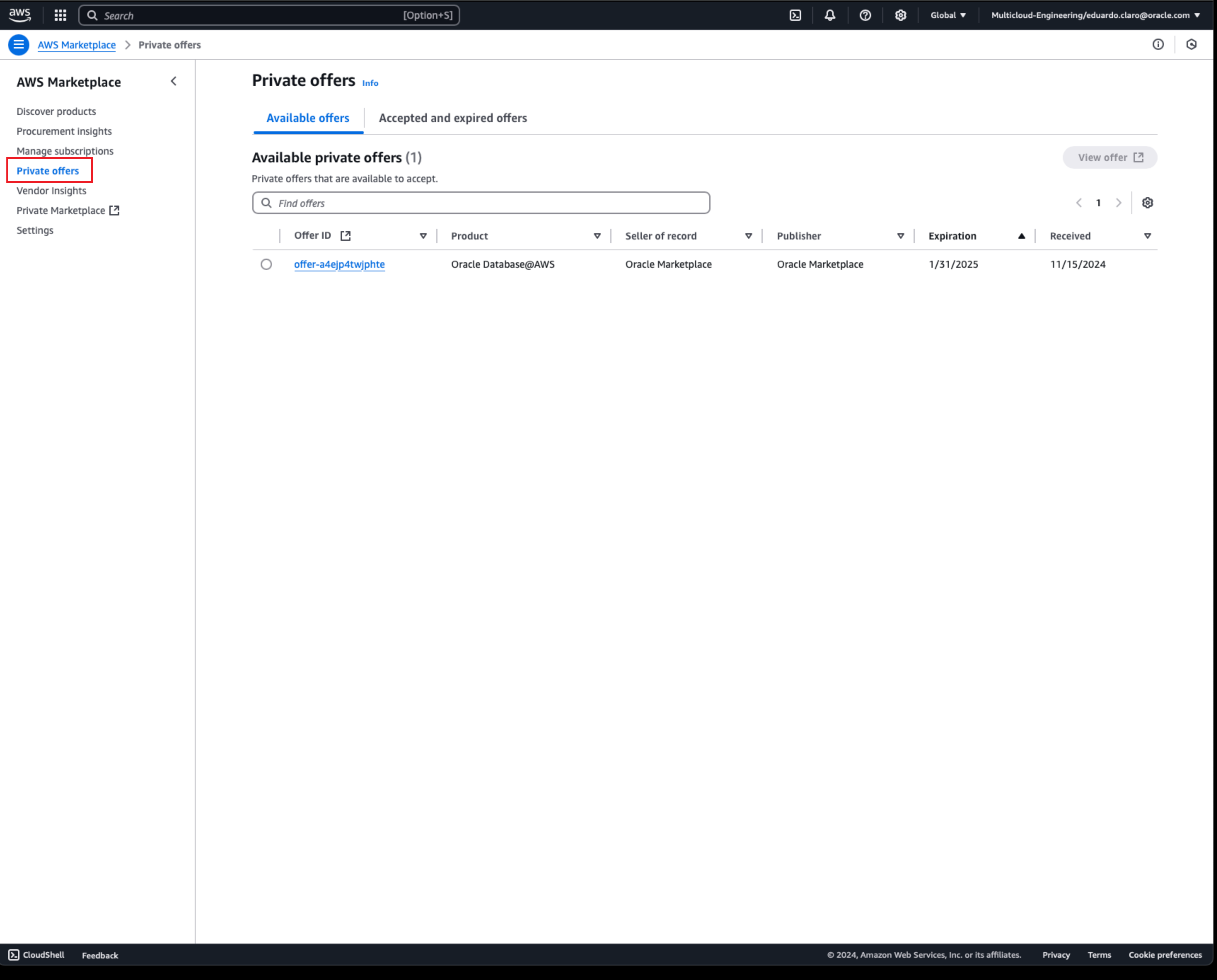 Click to expand An image of the AWS marketplace Private offers page.