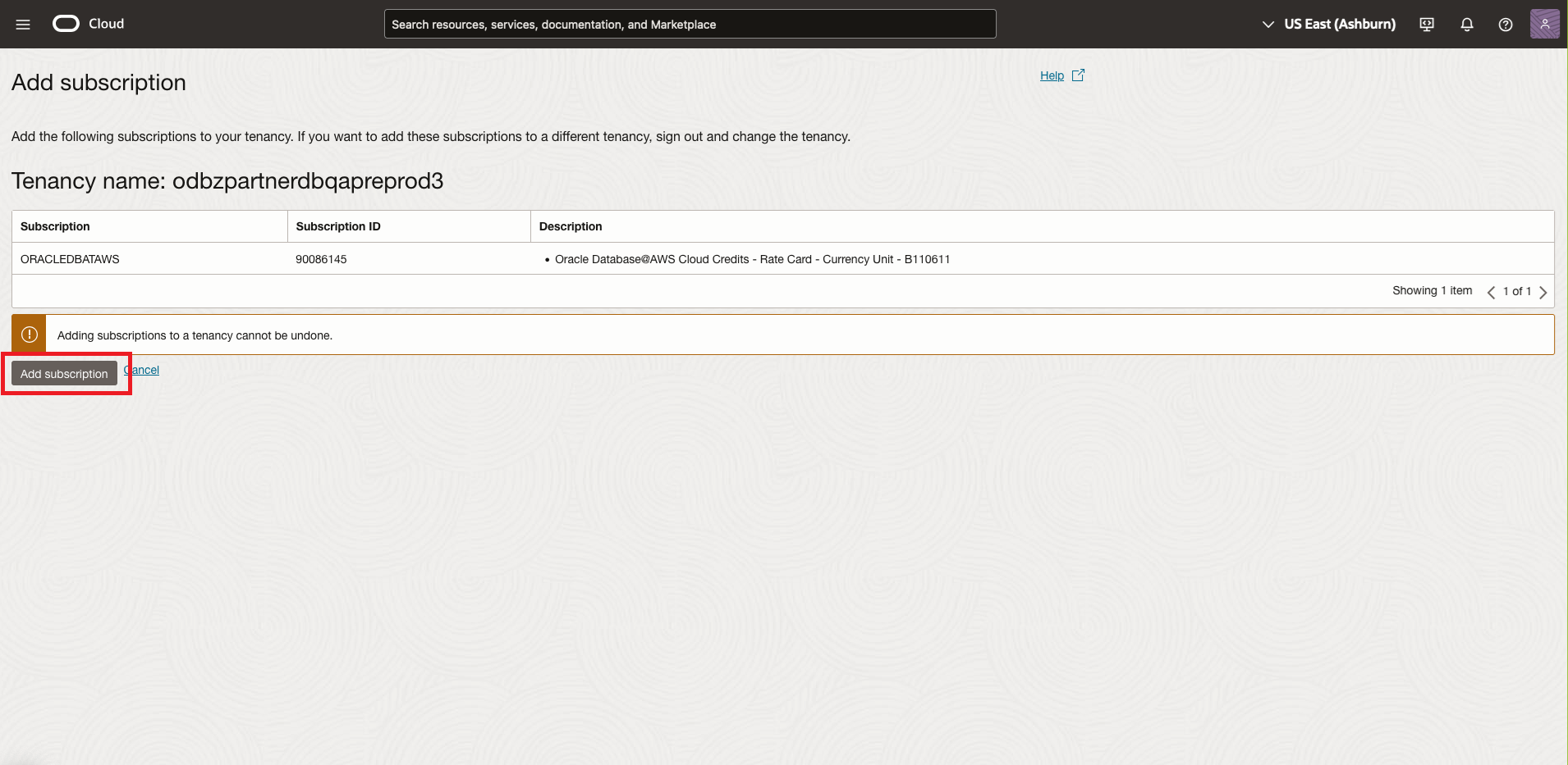 Click to expand An image of the Add subscription page in the OCI console.