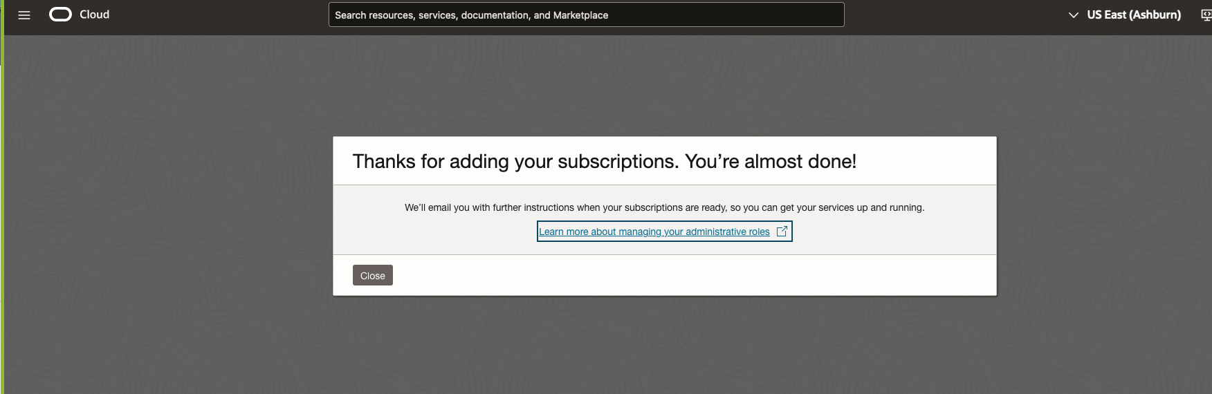 Click to expand An image of an OCI subscription activation confirmation message.
