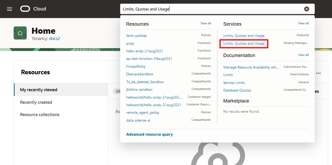 Click to expand An image of an OCI Console search for "Limits, Quotas and Usage".
